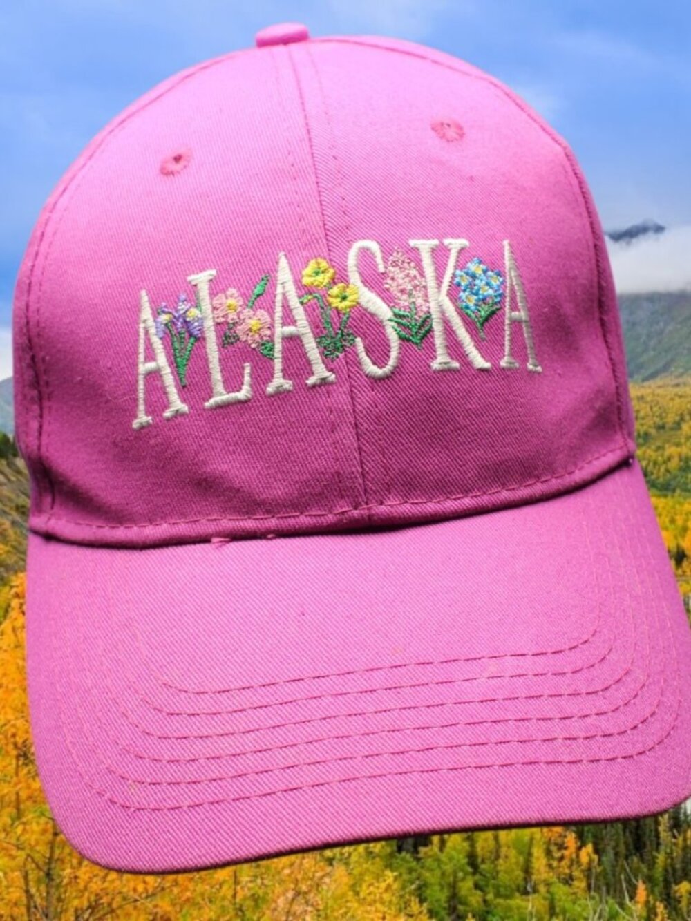 Alaska Cruise Hat cap Lid Cottage Vacation Pink Floral fireweed bluebells